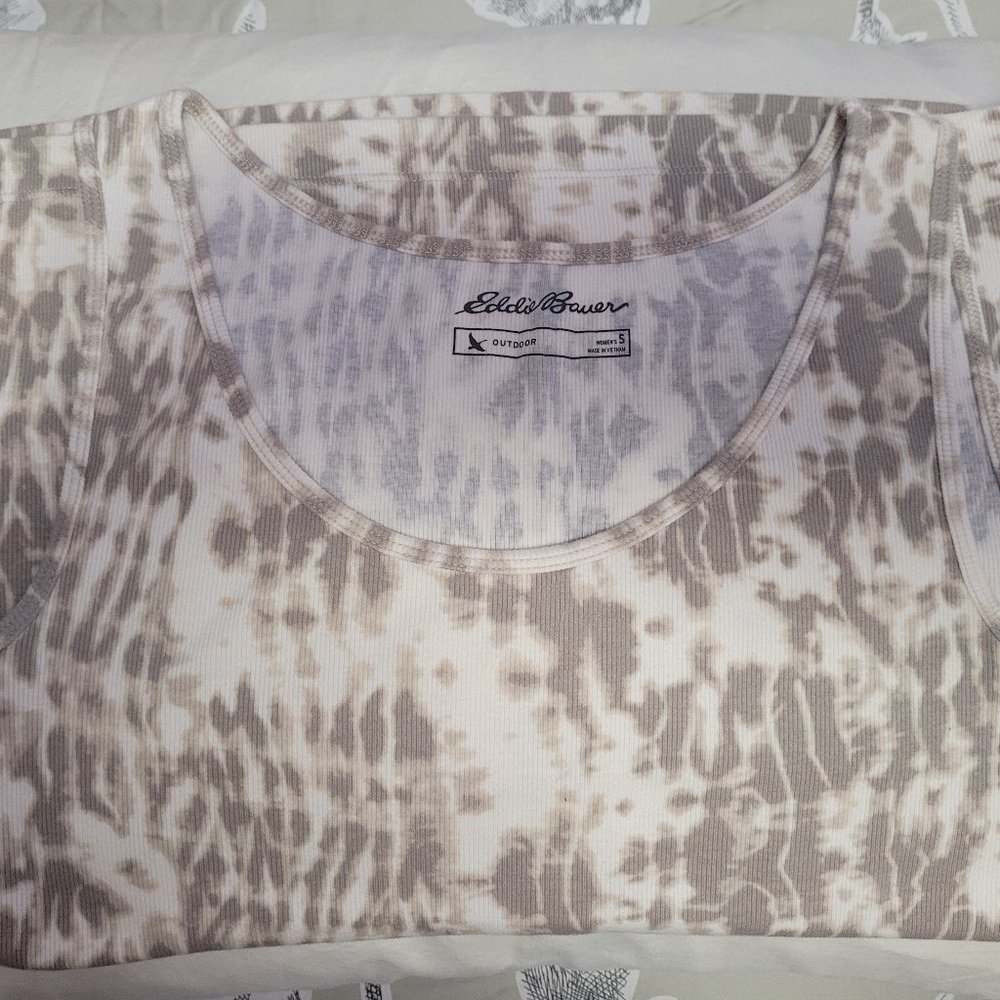 Eddie Bauer Taupe/White Print Ribbed Sleeveless Tank Top Size S EUC